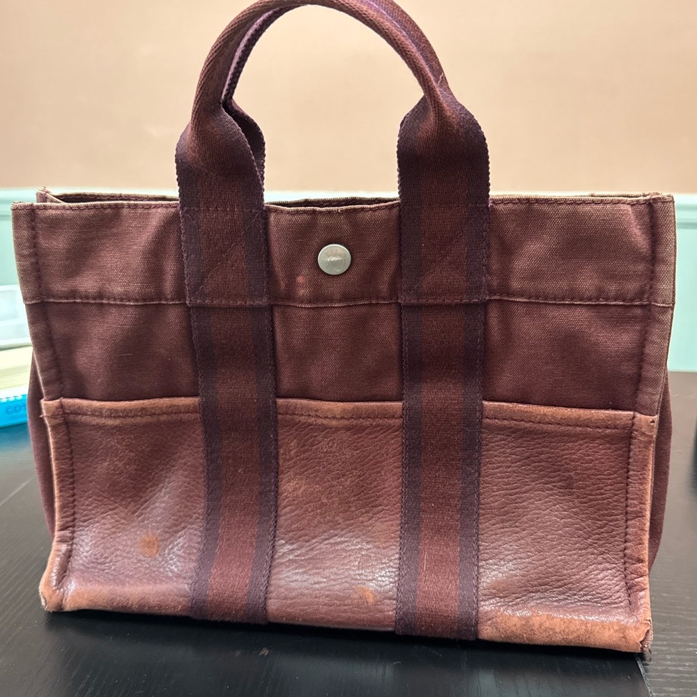 Hermes Brown and Red Structured Tote Bag